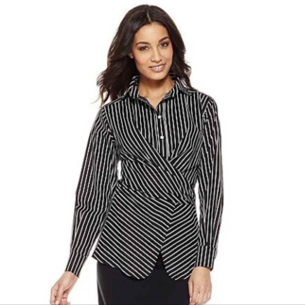 Byron Lars | Wrap Blouse Top Size 20W Black White Stripe Cotton Button Down